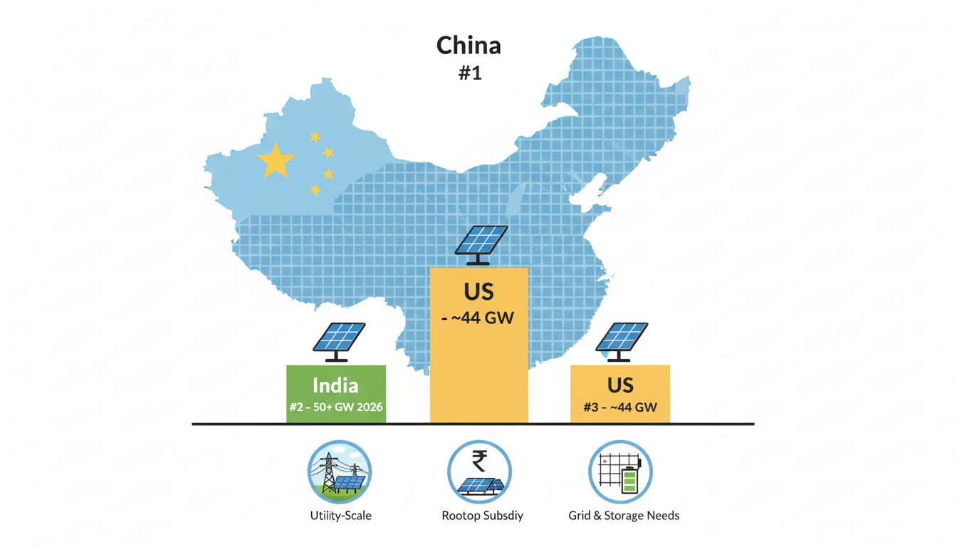 India Surpasses US as #2 Solar Market in 2026 with 50+ GW Additions
